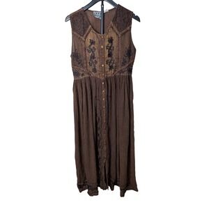 M.P.H. Vintage Brown Crinkle Rayon Embroidered Button Front Midi Dress